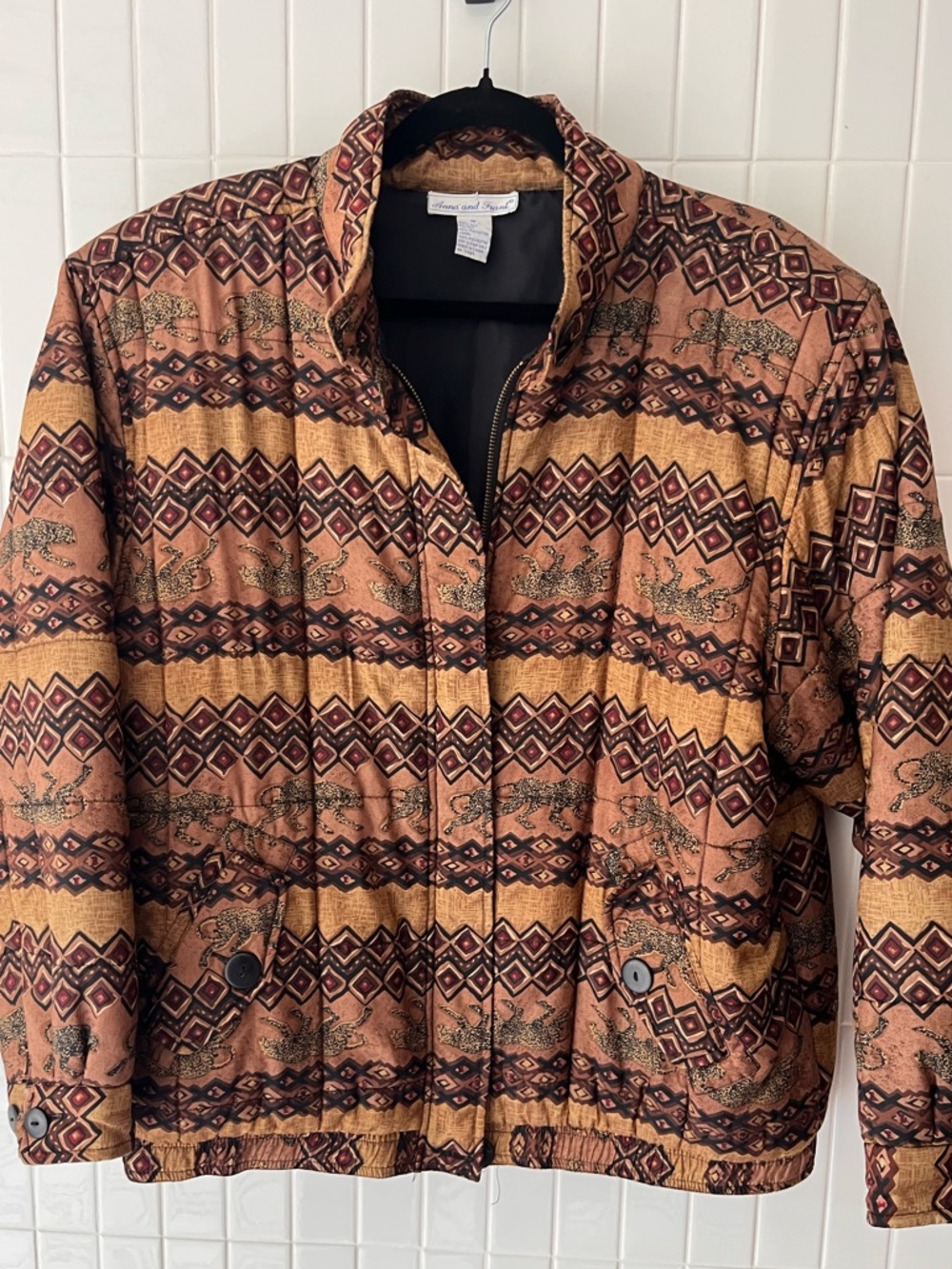 Vintage 100% Silk Anna and Frank Quilted Bomber Jacket Leopard Geometric Print M